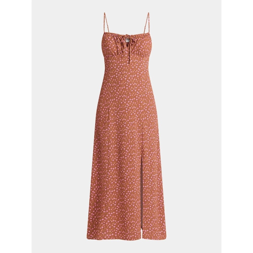Babydoll Ditsy Floral Maxi Dress Y2K Vibe Small Cinnamon Brown Pink Flowers NWT